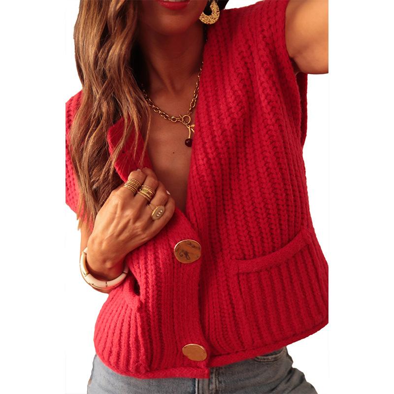 

Женский европейский и американский стиль, без рукавов, крупной вязки, жилет - осенний свободный повседневный жилет-свитер Small красный