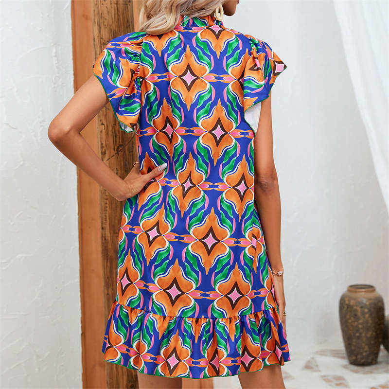 Round Collar Summer Short Sleeve Dress Fashion A-Line Skirt Printing Skirt