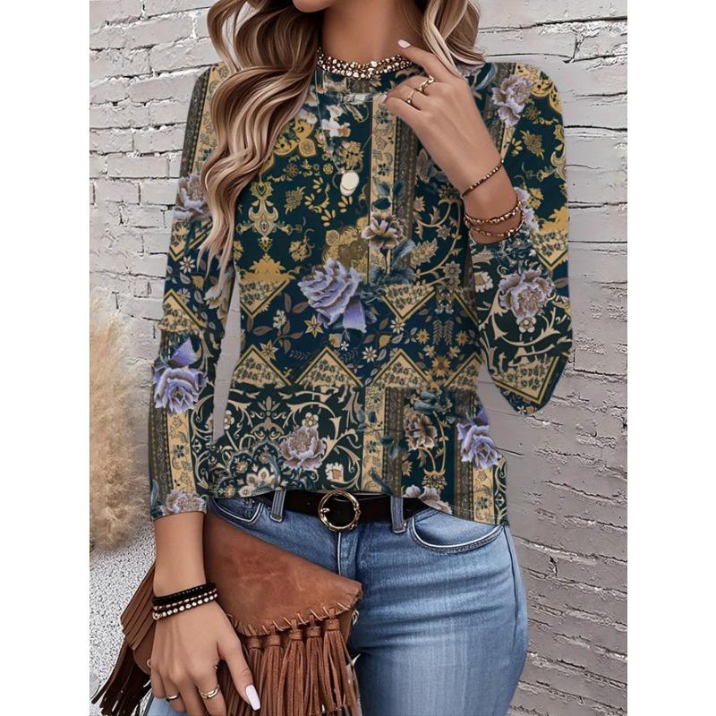 Spring and Autumn Round Neck Flower Pattern 3D Printed Top Fashionable Casual Long Sleeved Women's T-shirts