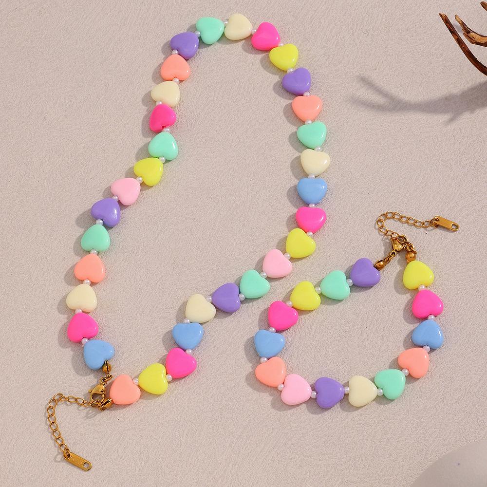 Multicolour Acrylic Heart Beads Necklace Bracelet Set Women Candy Color Love Heart Beads Stainless Steel Chain Handmade Jewelry