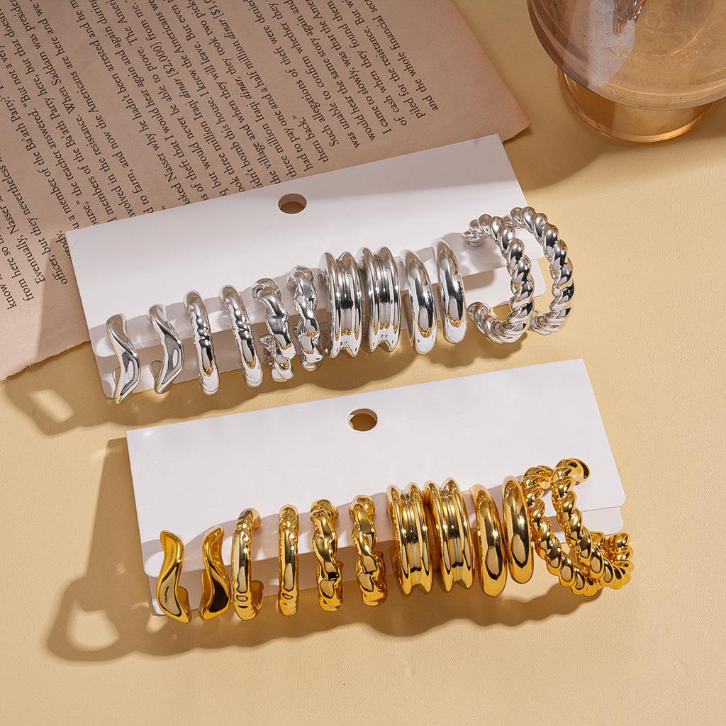 Twelve-piece geometric round pleated silver needle stud earrings cold wind sexy earrings