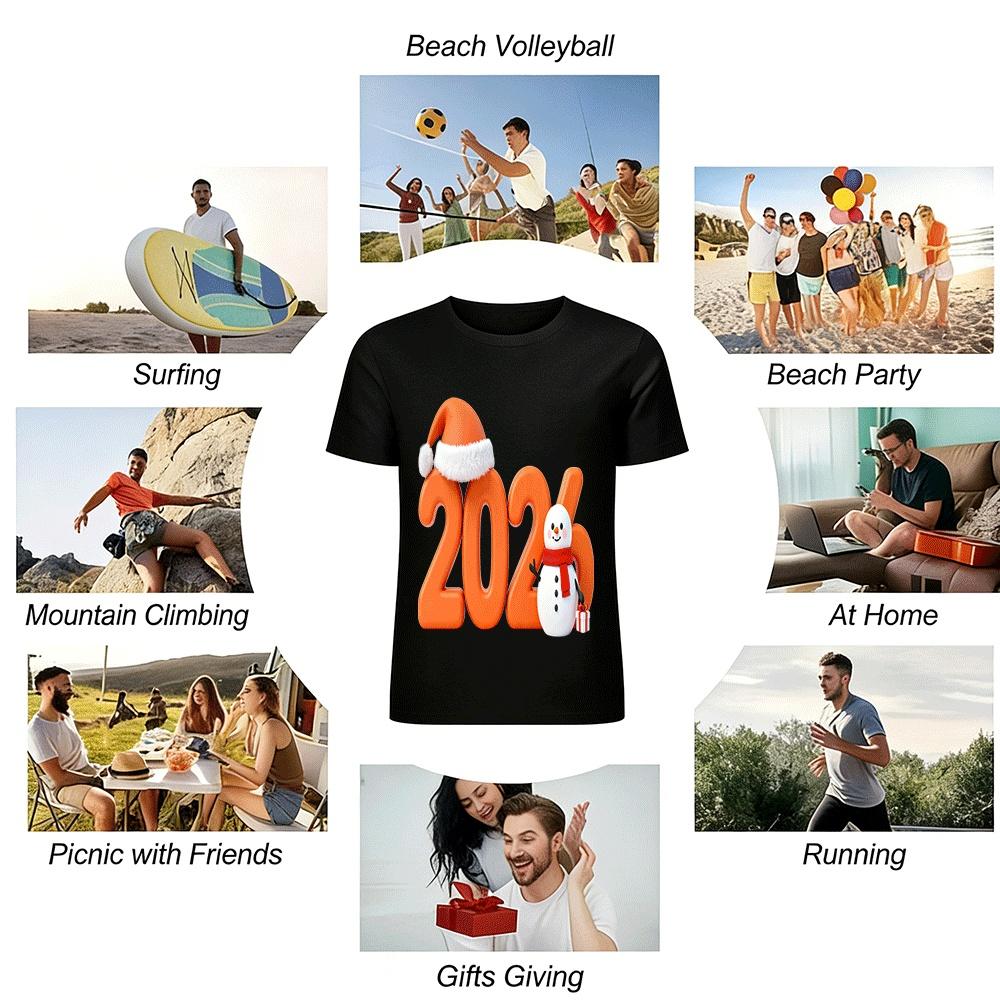 2026 New Year Christmas Snowman Print Casual Holiday Top Pure Cotton T-shirt