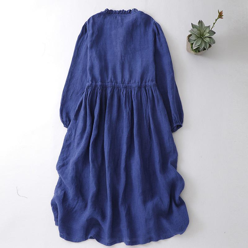 2025 Early Autumn Women's High-End Cotton Linen Ruffle Collar Mid-Length Dress - Light Luxury & Slimming Fit