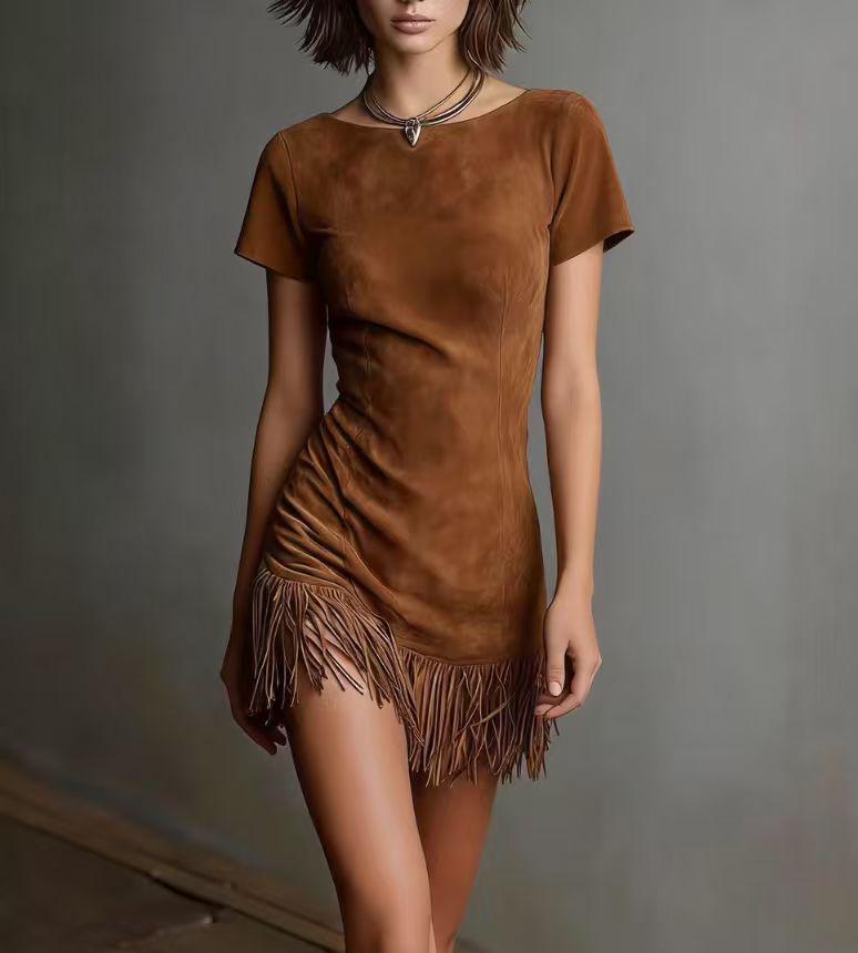 

New Retro Slim Fringe Suede Dress for Women Large темно-коричневого кольору