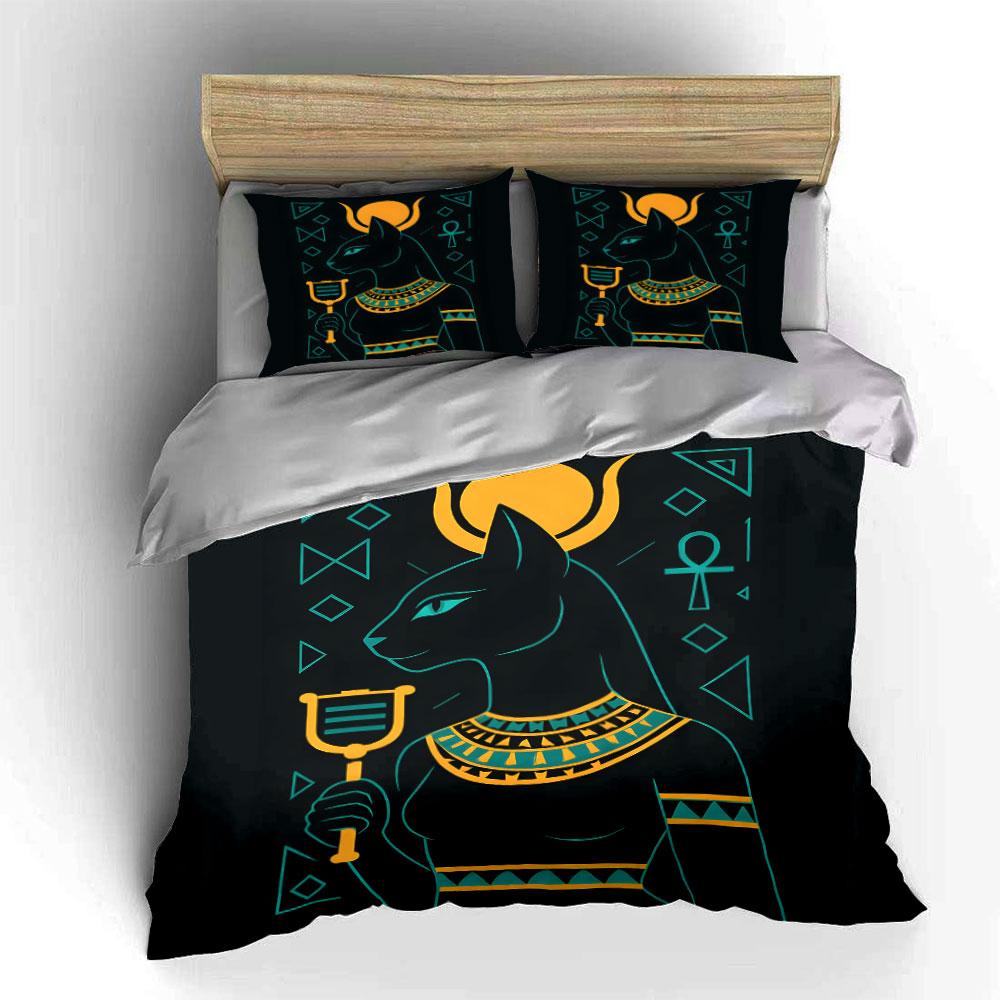 Ancient Egyptian Cat Goddess Illustration Bedding Set for Kids Luxury Gift 3pcs Digital Print Comforter Set Soft Comfortable