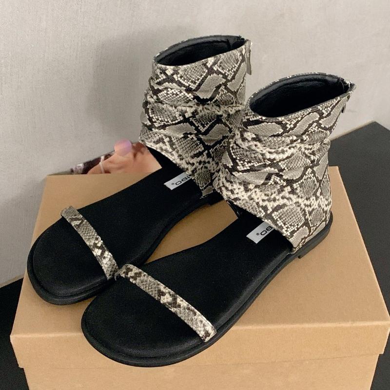 

2026 New Snake Print Back Zipper Flat Summer Boots Women Fashion Sexy Open Toe Modern Boots Elegant Comfort Women Ankle Boots 39