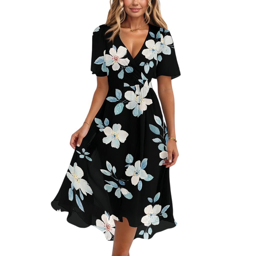 Women V Neck Short Sleeve Floral Print Dress Casual Loose Fit Summer Midi Dress Lightweight Flowing Elegant Style