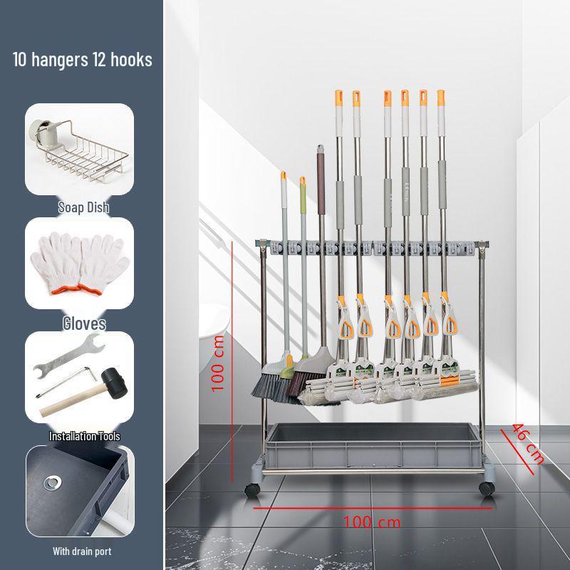 Movable Stainless Steel Mop Storage Rack with Hooks for Floor-Standing Draining in Schools and Factories