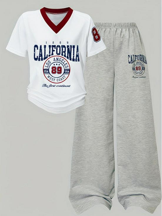 

Women s Two-Piece Set: Casual V-Neck T-Shirt & Straight-Leg Pants with Digital English Stripe Pattern 3XL серый/белый