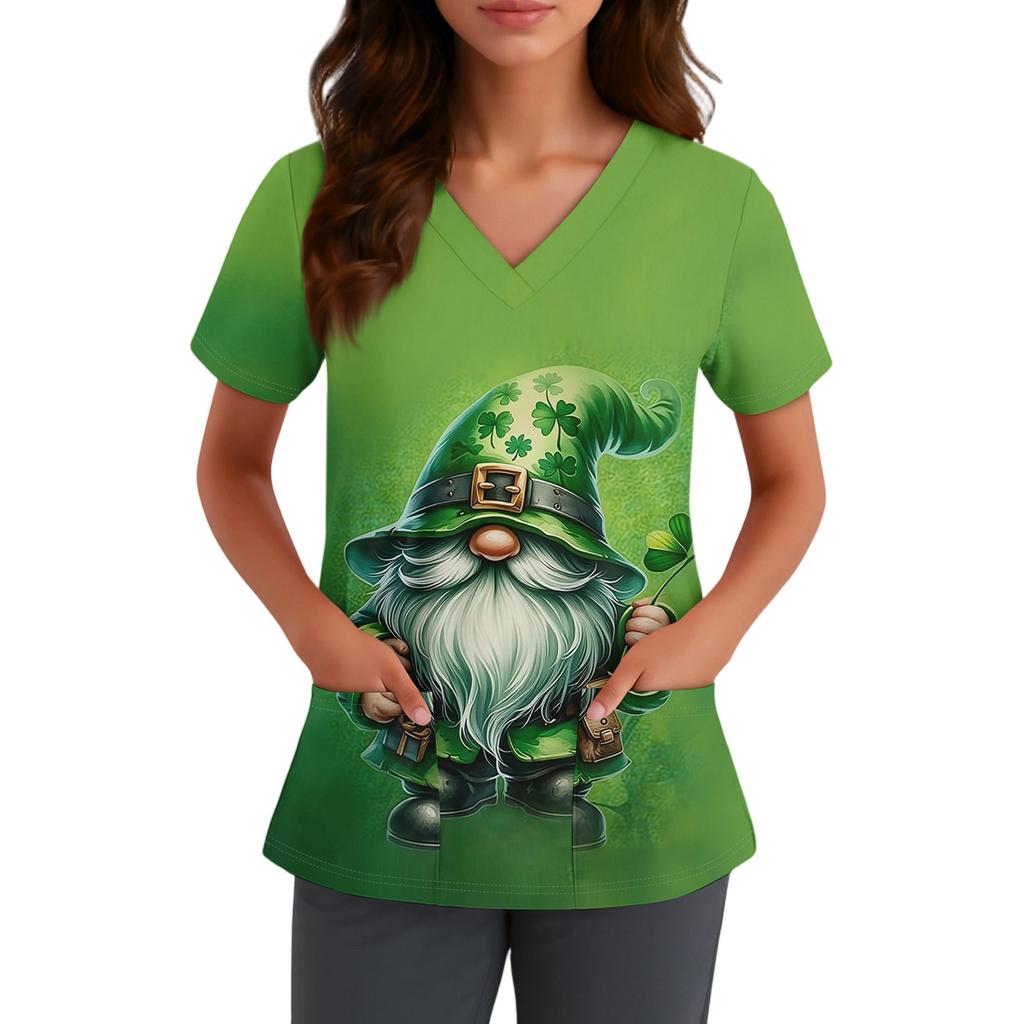 Women's Cute Bow Printed Work Clothes V-neck Double Layer Pockets Basic Short Sleeve Top Pullover