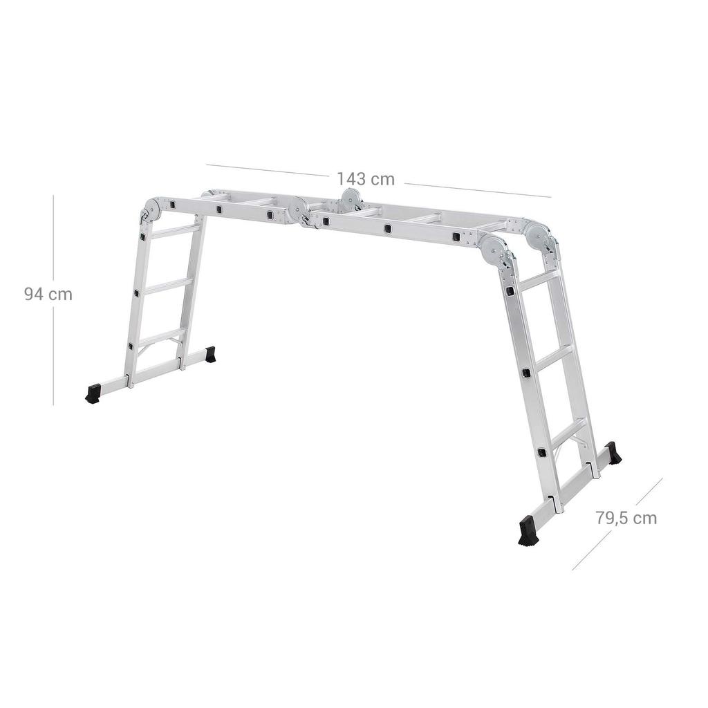 SONGMICS 3.5 M Ladder, Multi-Purpose Aluminium Ladder with 2 Metal Plates and 12 Steps, Articulated, Holds Up To 150 Kg, Silver