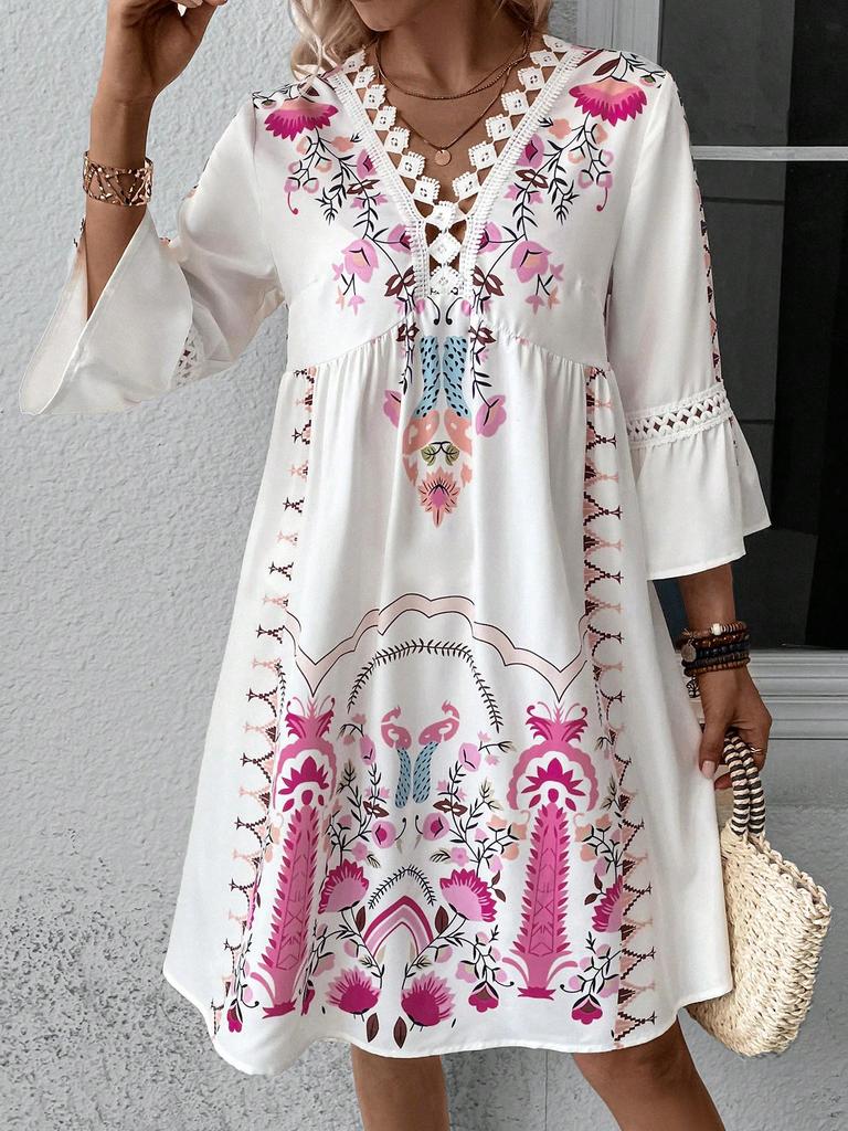 Women's Summer V-Neck Lace Patchwork Casual Printed Dress