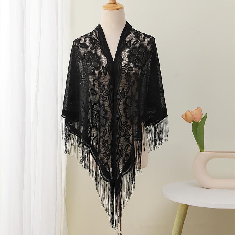 Summer Transparent Lace Flower Tassel Scarf Mesh Yarn Cheongsam Shawl Triangle Neck Scarves Neckerchief Head Scarf