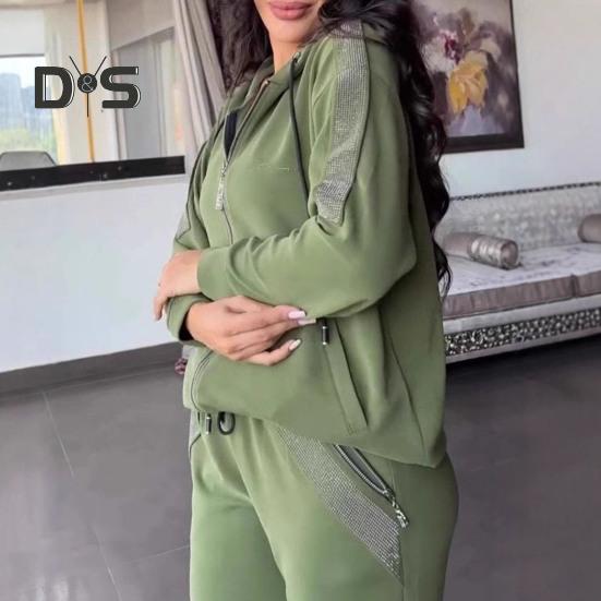 Ensemble de 2 pièces pour femme, sweat-shirt et pantalon à paillettes, capuche, manches longues, fermeture éclair, sport, taille élastique, tenue de fitness, automne, printemps, déplacements