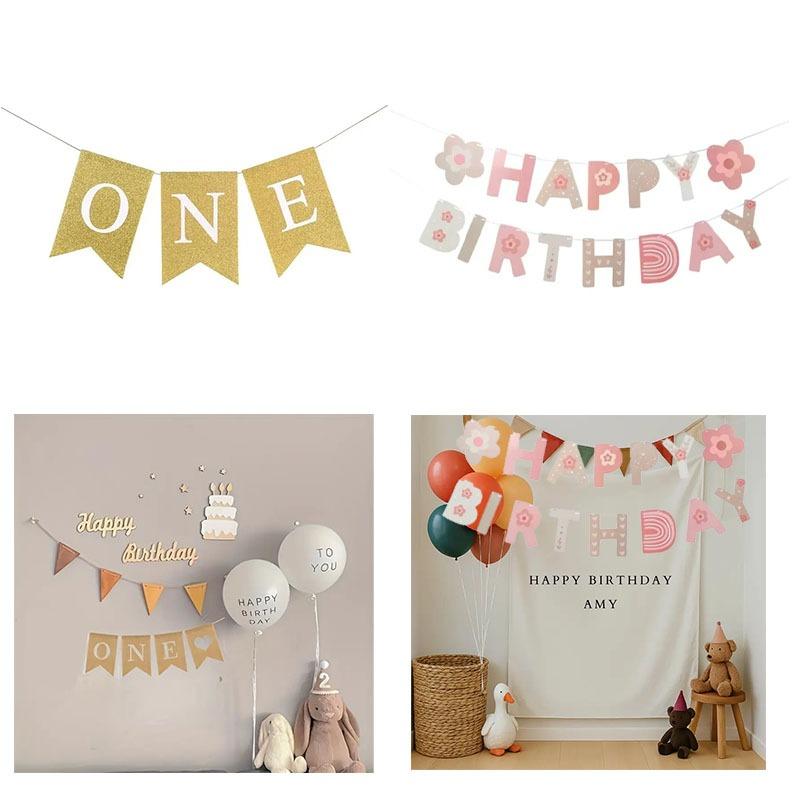 First Birthday Banner with ONE Text Garland Style Decoration for Infant Boys and Girls Perfect As Party Decor Memorial Keepsake