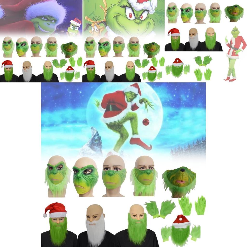 Grinch Half Face Mask With Green Hair And Whimsical Design For Christmas Celebrations