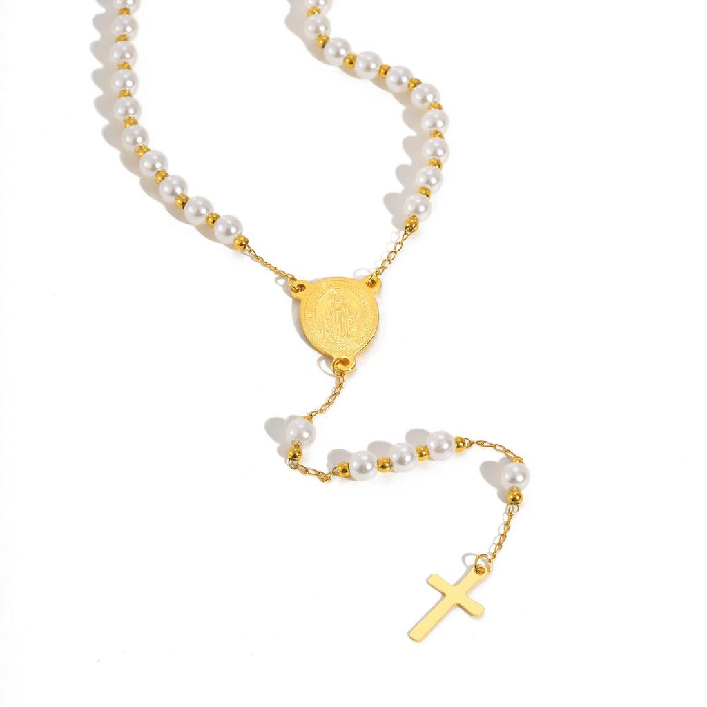 Holy Cross Rosary Virgin Necklaces Y-shaped, Women's Imitation Pearl Beaded Saint Benedict Necklace,Stainless Steel Jewelry Gift