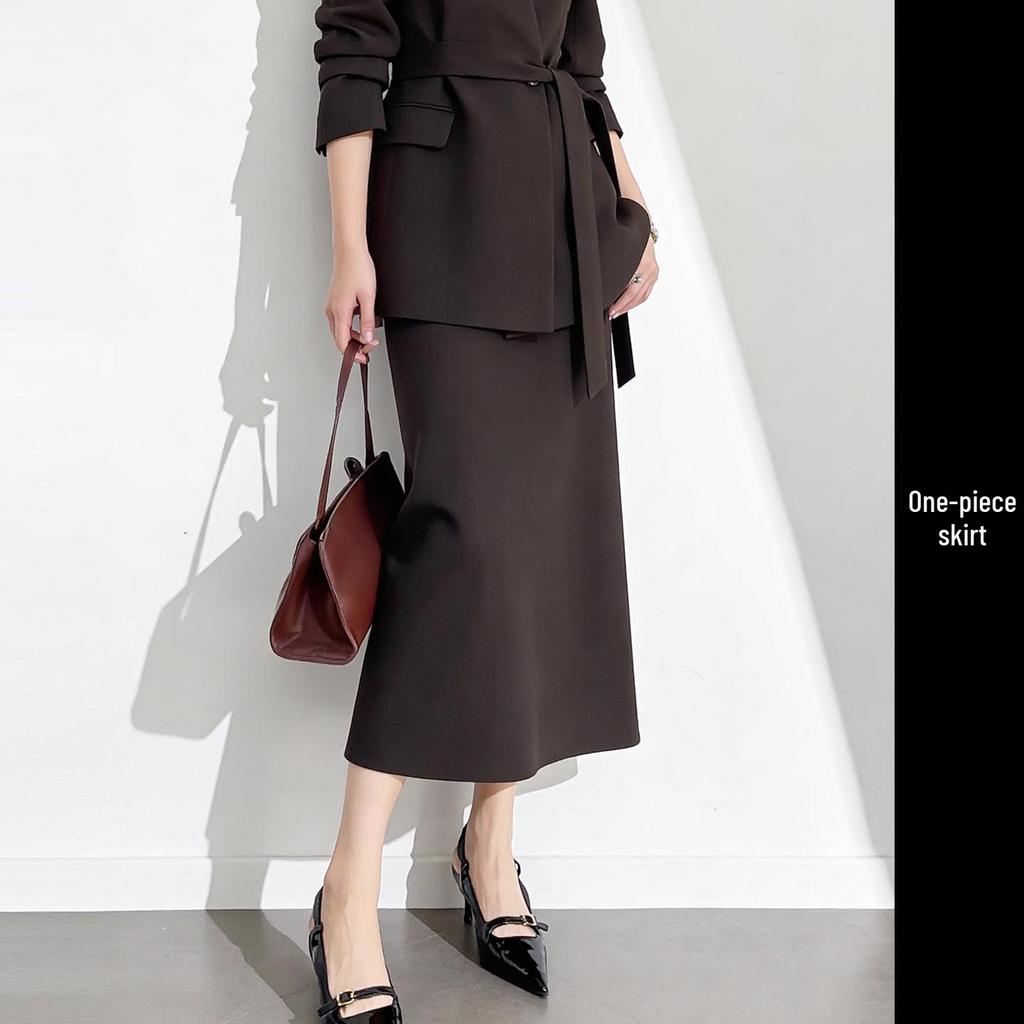 Elegant Coffee-Colored Collarless Skirt Suit for Women with Waist-Cinching Belt - Perfect for Urban Professional Style and Commuting.