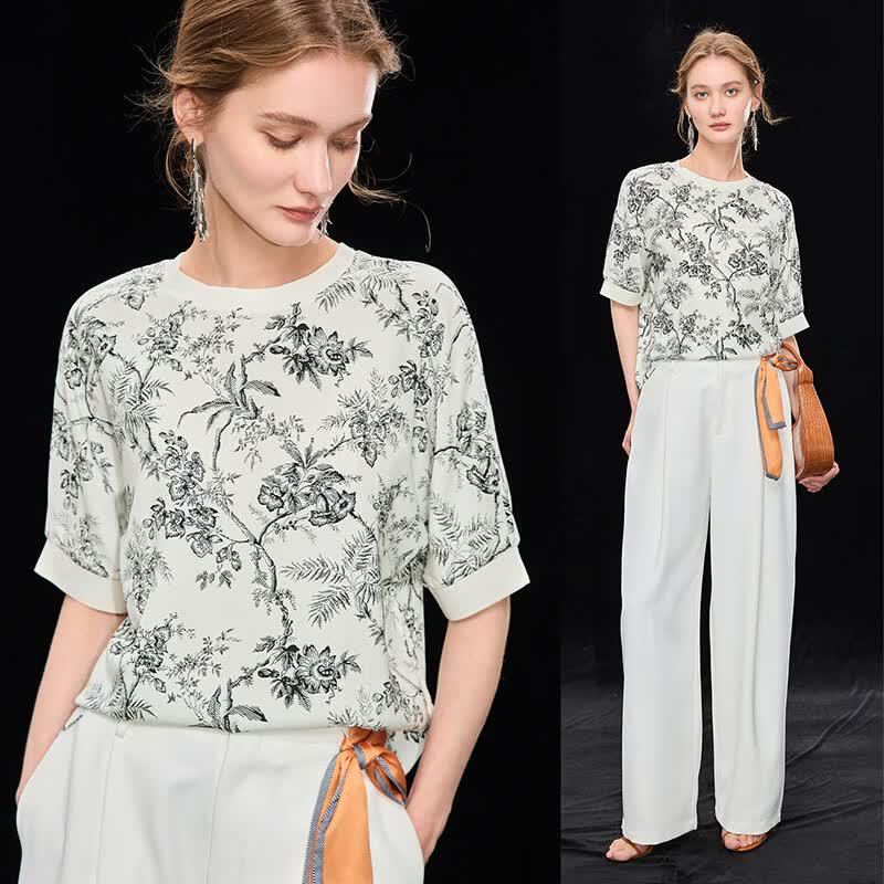 Women s Mulberry Silk Blend Plant Print T-Shirt XL