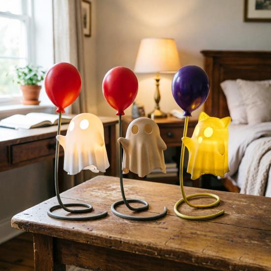 Cute Ghost Figurine with Balloon, Warm LED Ghost Night Light, Halloween Decoration for Bedroom Desk Table Centerpiece Cozy Ornament Gift