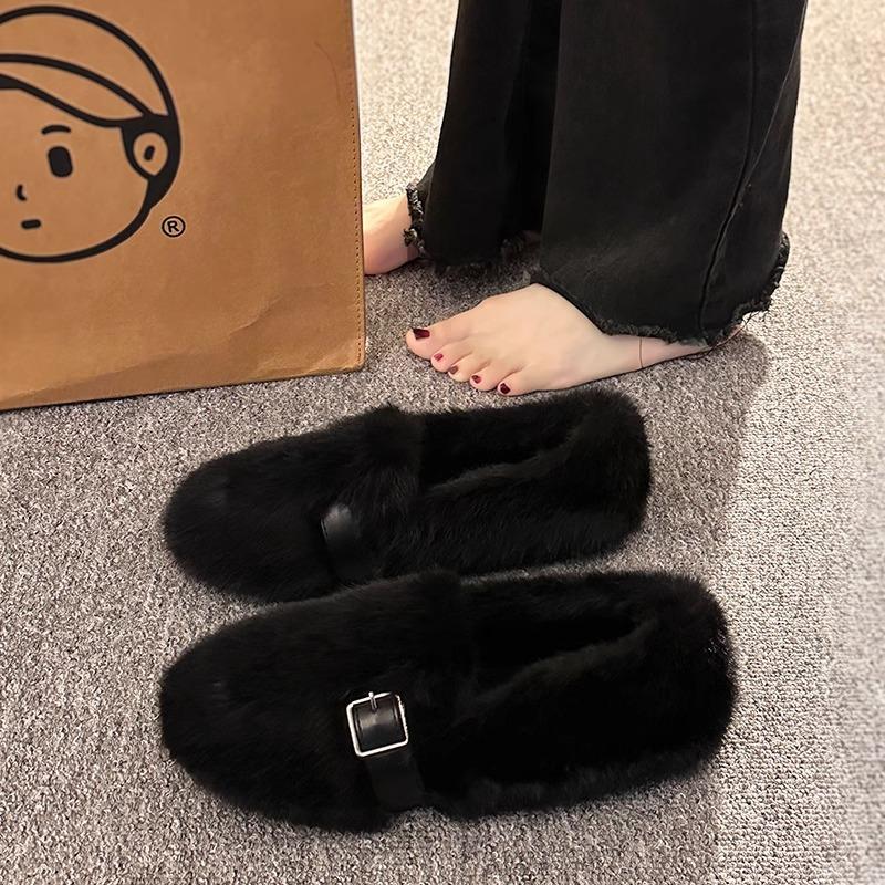Internet celebrity explosion mink hairy shoes women winter wear belt buckle thick sole velvet bean shoes fairy warm cotton shoes