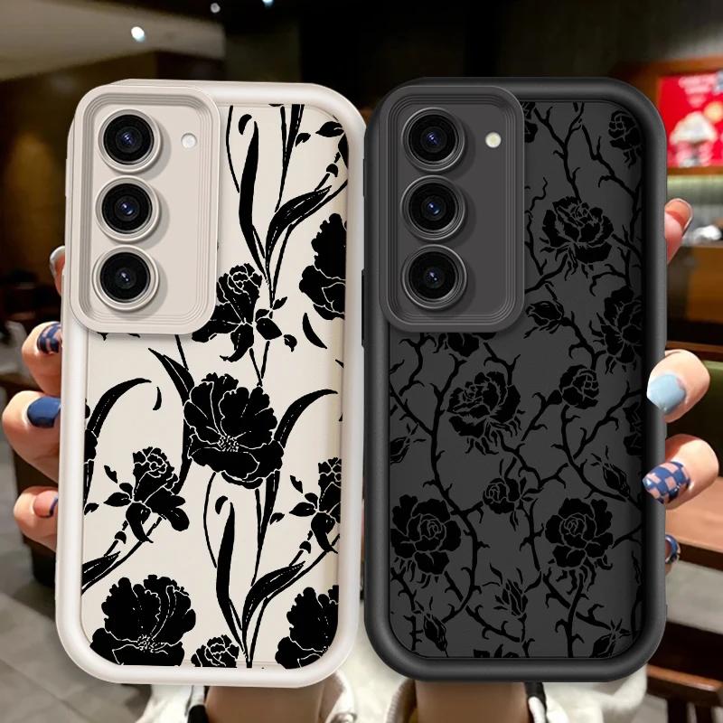 Black Rose Flower INS For Samsung Galaxy Case S24 S23 S22 S21 Ultra Plus Fe A55 A54 A53 A52 A35 A25 A15 A14 5G Phone Y2k Cover