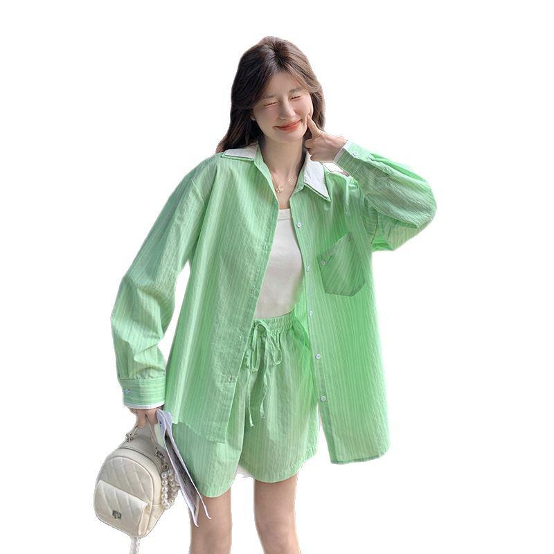 Spring/Summer Color Block Shirt & Elastic Waistband Shorts Set for Women