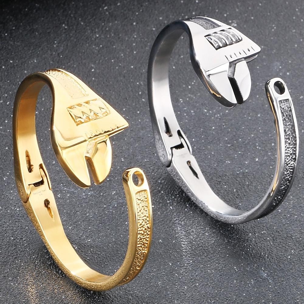 Cool Wrench Style Open Bangle Cuff Bracelet for Man Polished Solid Stainless Steel Men's Bracelets Male Jewelry Accessories