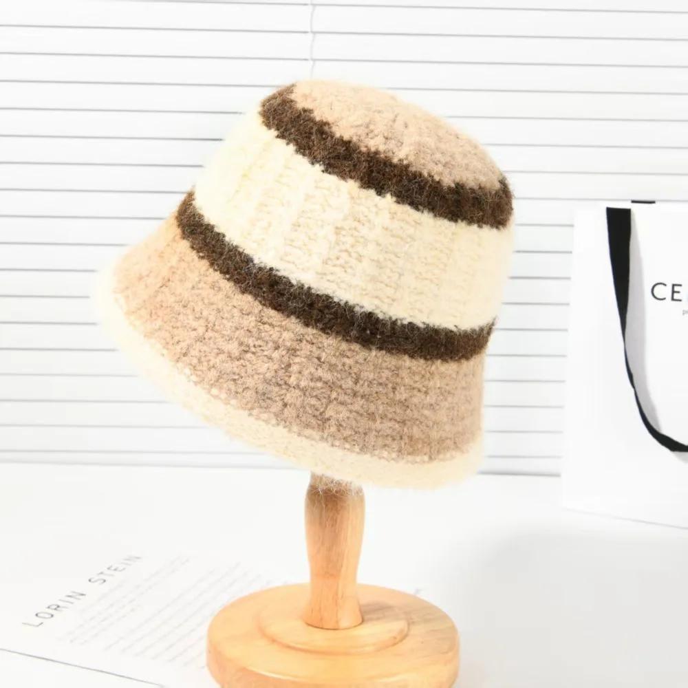 Fashion Wide-Striped Knitted Bucket Hat Versatile Cold-Proof Fisherman Hat Large Head Circumference Warm Basin Hat Outdoor