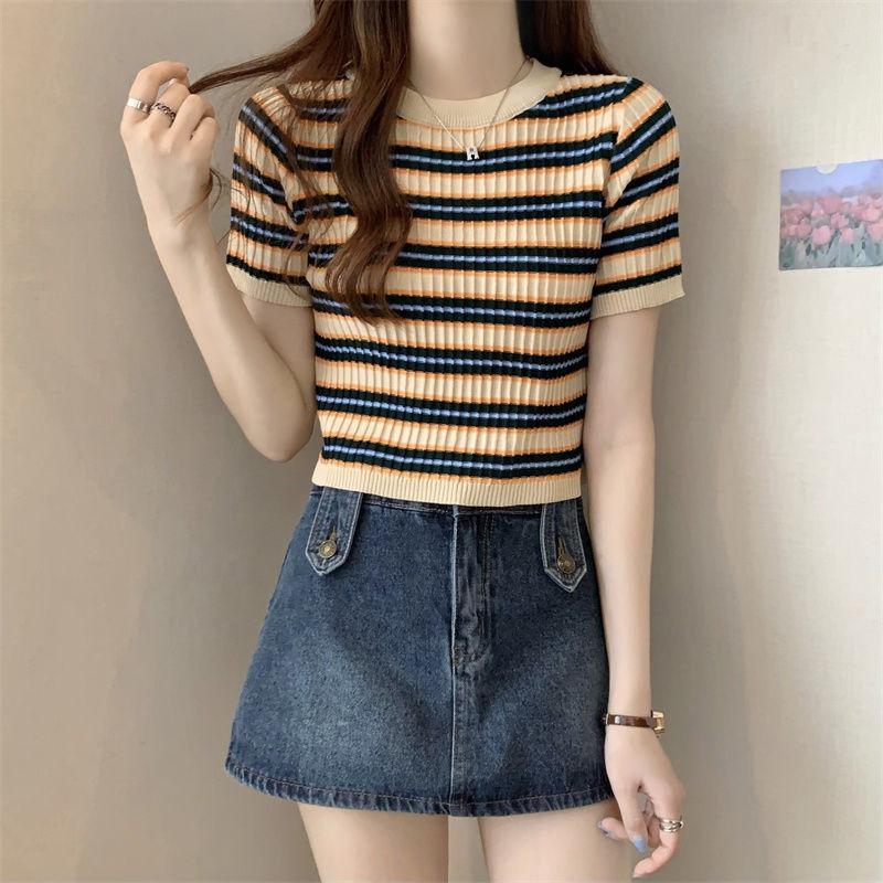 

Летняя повседневная корейская короткая и универсальная полосатая утягивающая футболка с круглым вырезом и короткими рукавами для женщин one size оранжевый