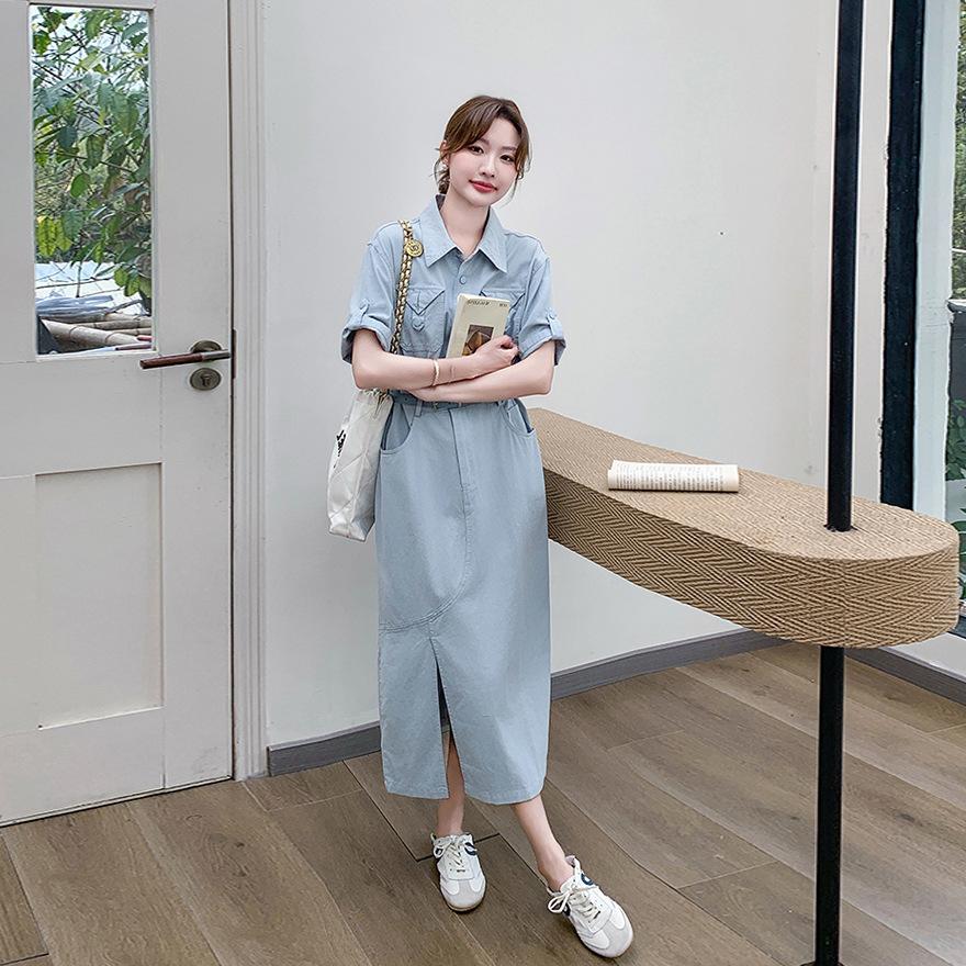 Blue Lapel Dress Women's Summer New Design Sense Gentle Temperament Waist Thin Shirt Skirt