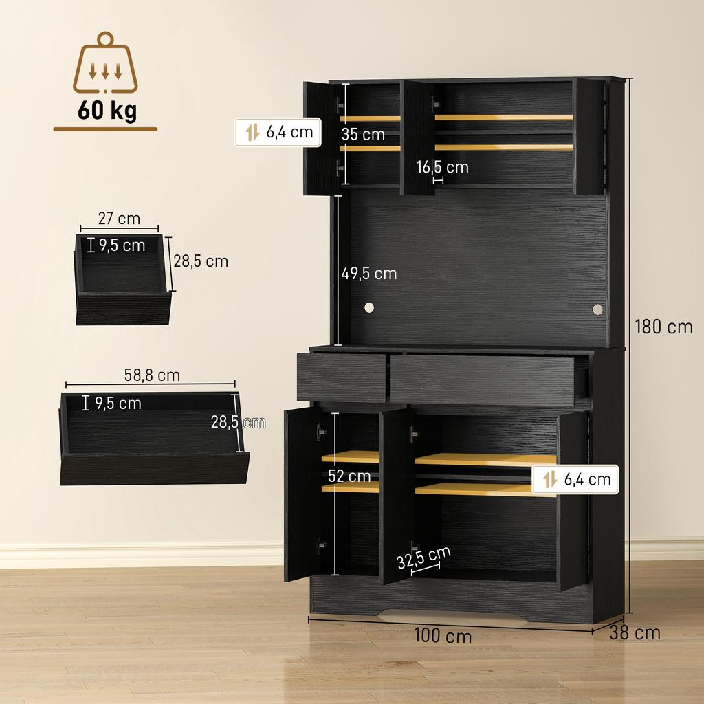 Buffet kitchen cabinet with worktop, 6 doors, tall storage cabinet with shelves, Black