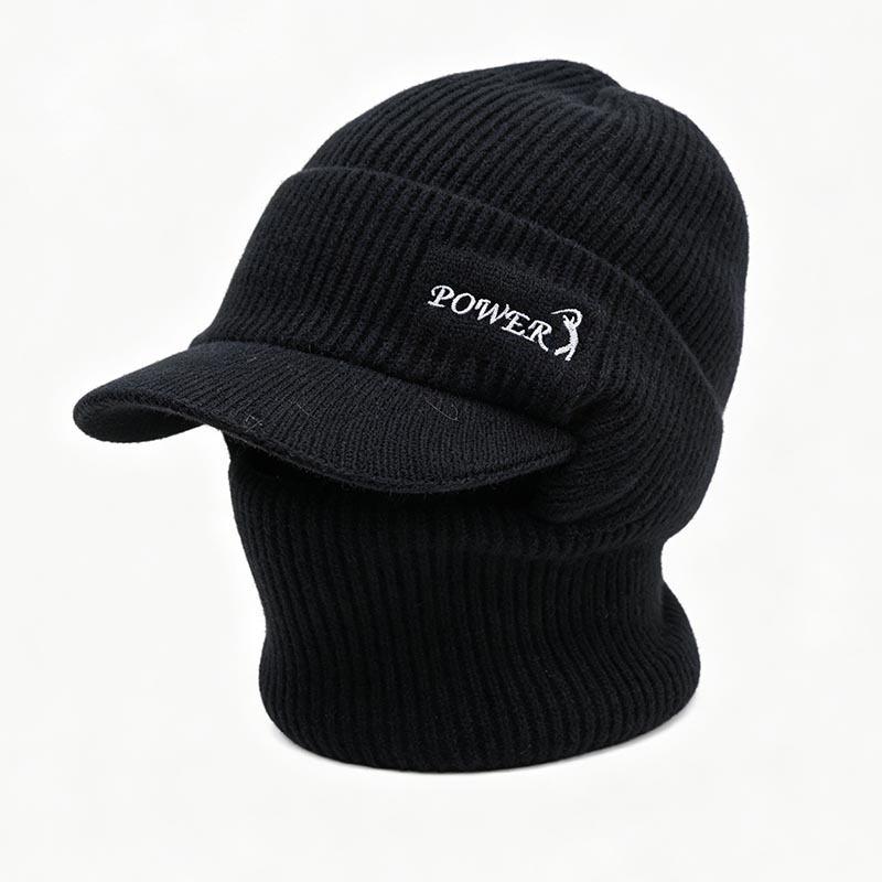 Winter men's integrated knitted hat with brim scarf face protection pullover hat outdoor cycling warm middle-aged and elderly wool hat
