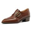 Fashion Women's New Pointed Retro Metal Belt Buckle with Genuine Leather Cowhide Mid Heel Large Oxford Single Shoes