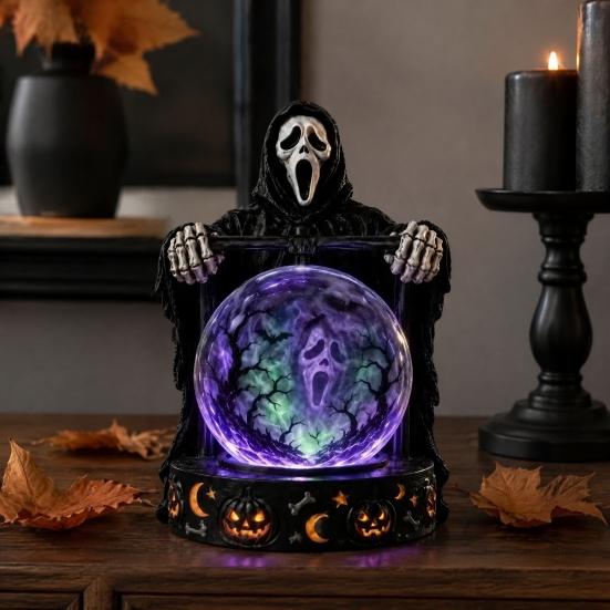 Unique Halloween Gift for Friends LED Lighted Faux Crystal Ball Decoration, Resin Witch/Skeleton/Cat/Ghost Figurine with Led Light