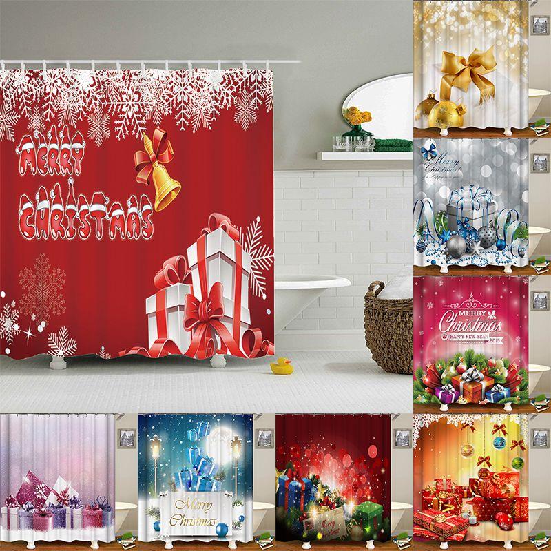 Festive Christmas Gift Boxes In Snow Shower Curtain Waterproof Fabric With Hooks