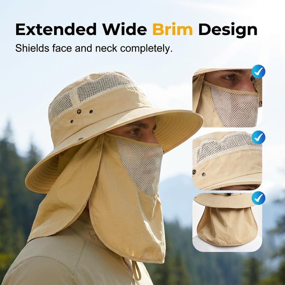 Sun Bucket Hat for Men and Women, Detachable Face Cover Sun Hats,Wide Brim Fish Hat with Neck Flap UV Protection for Hiking