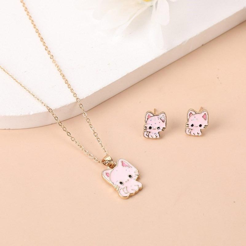 Unique Cats Necklace with Matching Earrings Alloy Texture Fashion Ear Studs Great for Casual and Various Occasions