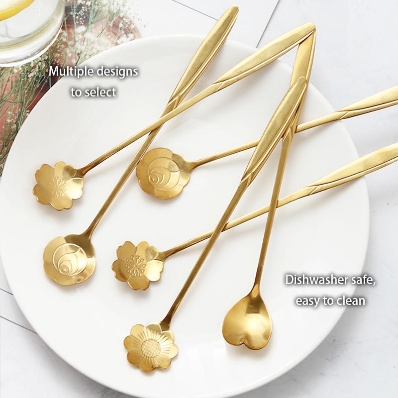 6pcs Gold Flower Stainless Steel Tea Spoons Set Coffee Spoon Honey Dessert Ice Cream Scoop Teaspoon Cafe  Long Handle Tableware