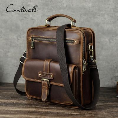 CONTACT'S Genuine Leather Sling Shoulder Bags for Men High Quality Messenger Business Bags Durable Men Crossbody Bags for 8.3 Inch Pad