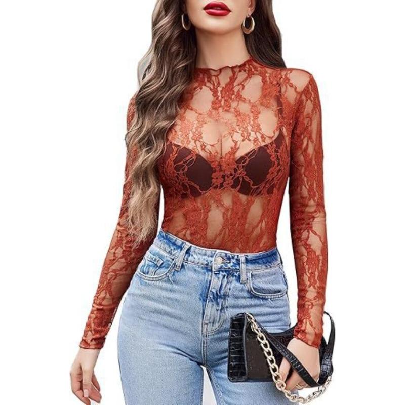 

Women s Sheer Lace Long Sleeve Top High Neck See-Through Floral Mesh Blouse 2XL малиновий