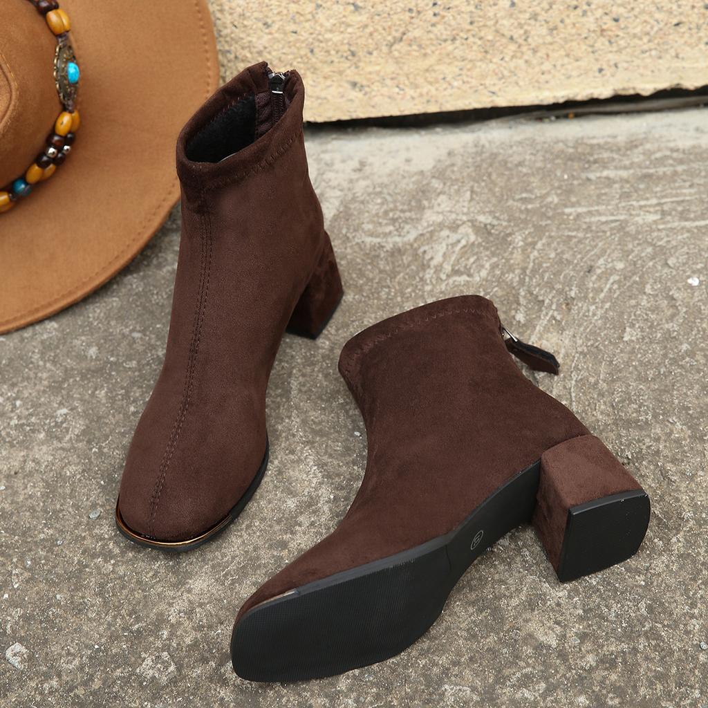 French suede high-heeled short boots for women 2025 autumn and winter retro European and American thick heel square head rear zipper thin Martin bo