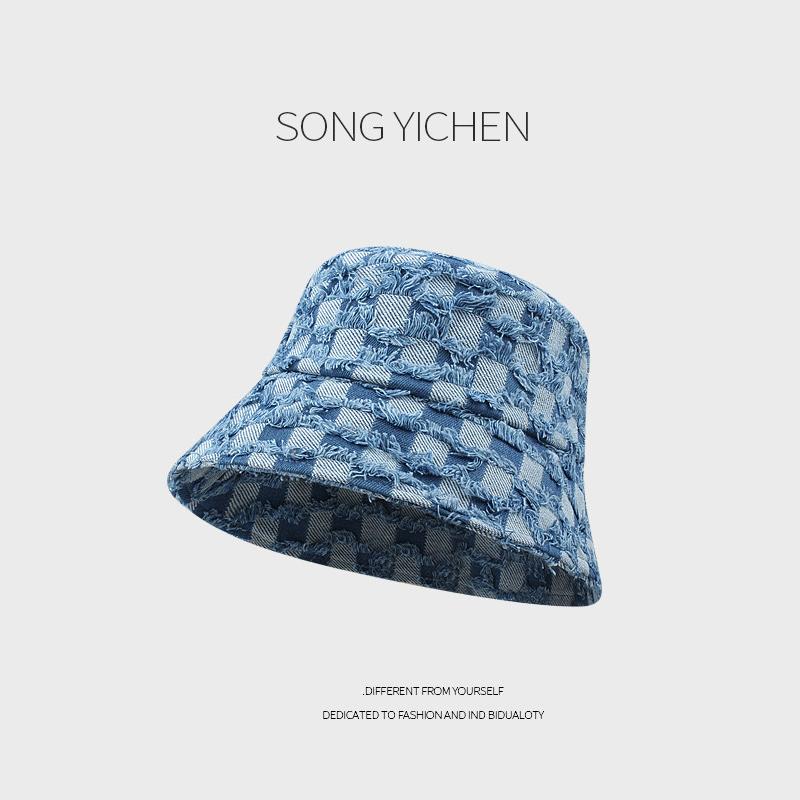 

Foldable Checkerboard Fisherman Hat Washed Denim Bucket Hats Unisex Fashion Caps Hip Hop Streetwear Men Women Panama Bucket Cap L (54-59 cm) светло-синий