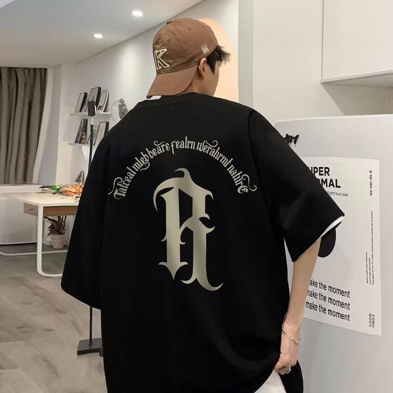 M-8XL Men Oversized Fashion Loose American Vintage Deformed Letter R Print Short Sleeve Round Neck Versatile Trend Couple Outfit