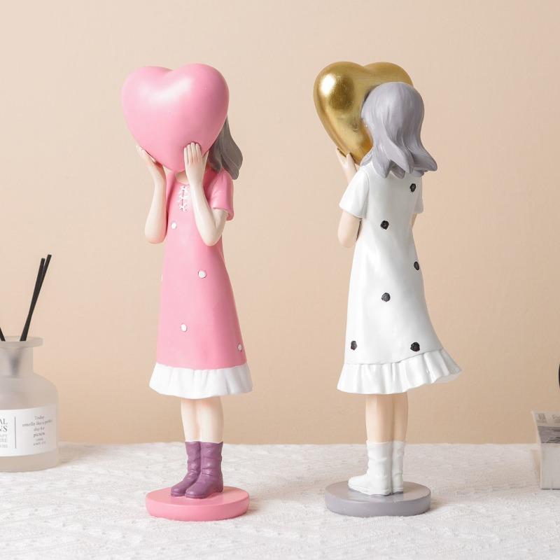 Cute Girl Statue Craft Resin Figurine Sculpture Decoration for Living Room Office or Bookshelf Heart Girl Ornament Wedding Gift