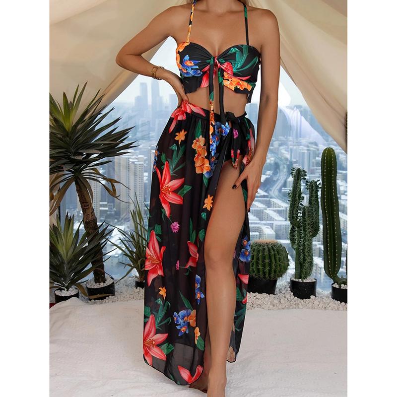 Three-Piece Bikini Set Women Swimsuit Floral Print Beach Wrap Skirt Female Swimwear Bathing Summer Fashion Beachwear