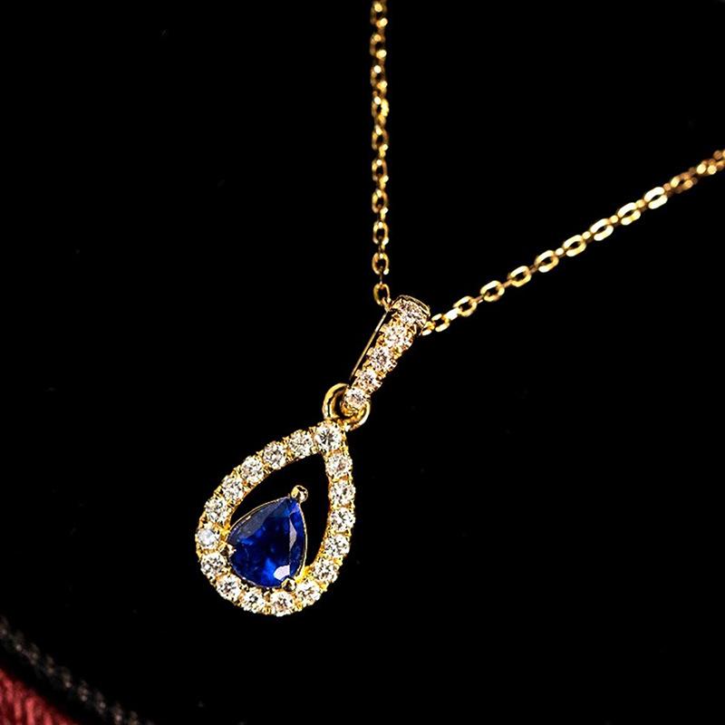 Teardrop Blue Stone Halo Paved Pendant Thin Link Chain Necklace Elegant Mature Women Jewelry
