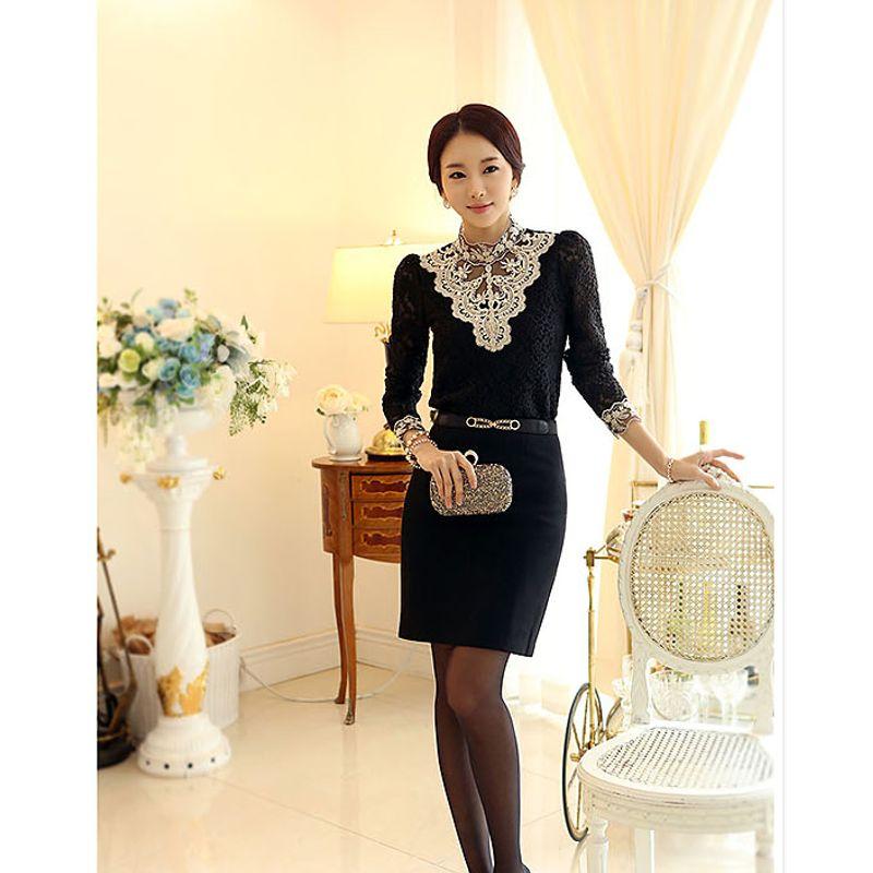 

Spring Versatile Women s Korean-Style Long-Sleeved Slim Lace Black (thin 2XL