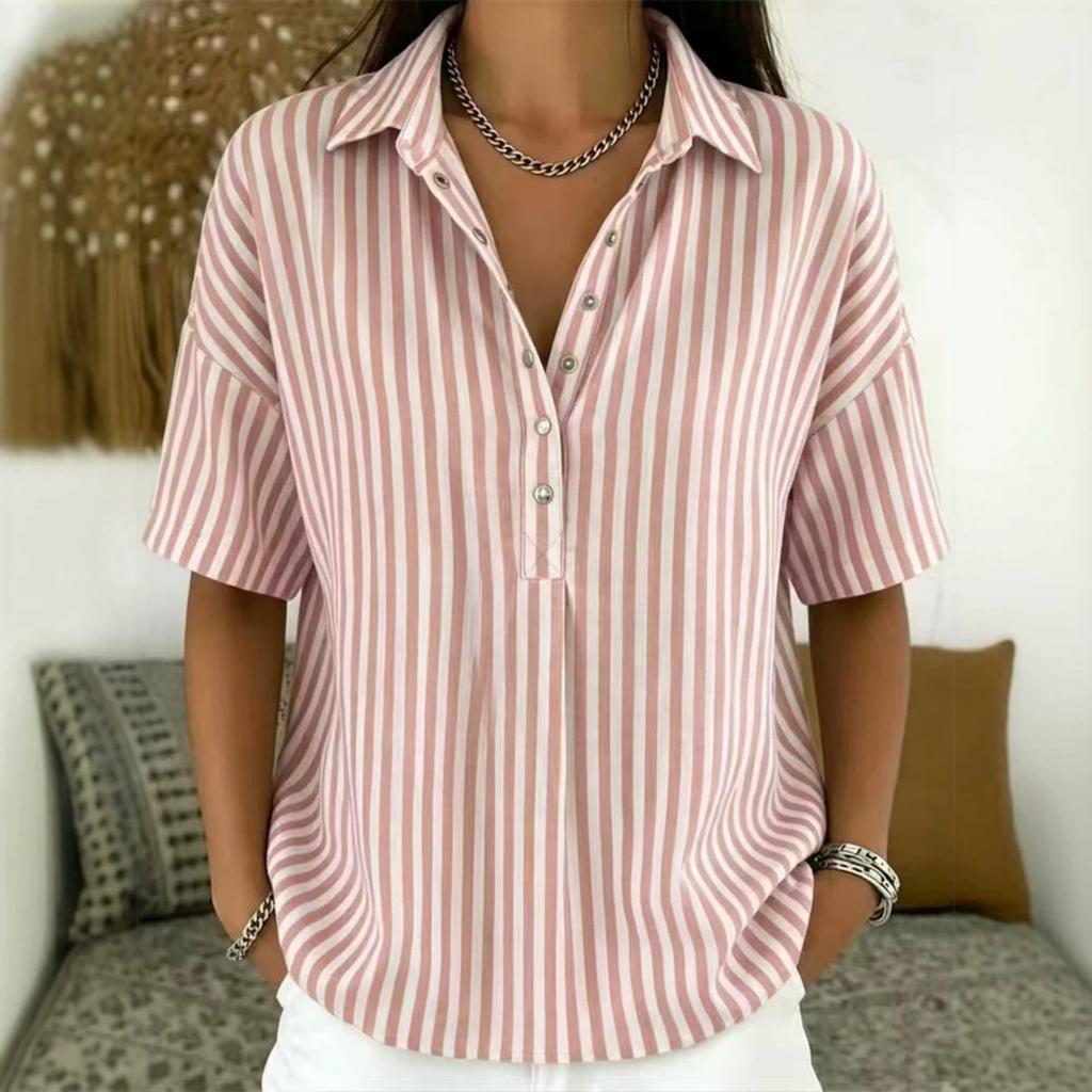Women Striped Collared Button Down Short Sleeve Loose Fit Casual Top Lightweight Blouse for Everyday Wear Office School Travel
