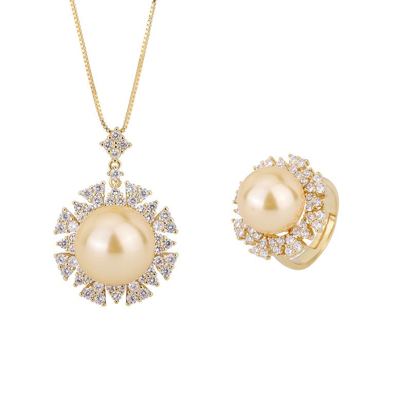 Jewelry Inlaid With Gold Beads, Light Yellow Gold With Diamonds, Ring Pendant Set, Beads 16Mm 14Mm
